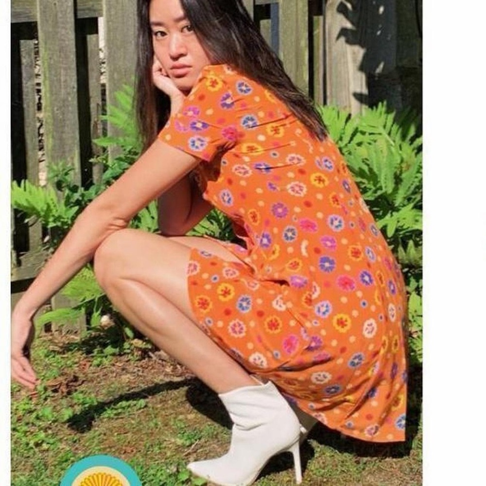 LHD orange floral 100% silk mini shirt dress